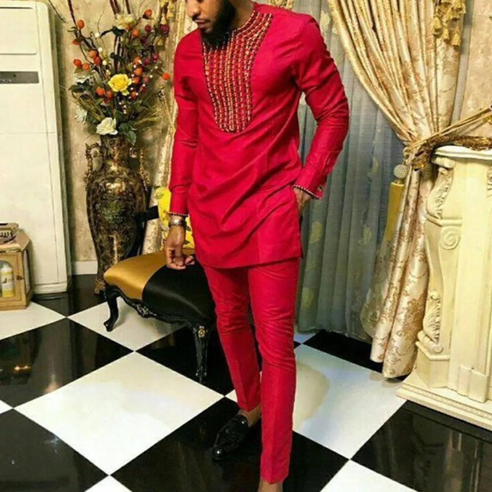 Two Piece Set Africa Summer Gentleman Outfits African Men Casual Round Collar Long Sleeves Printing Top Slim Pants Suit