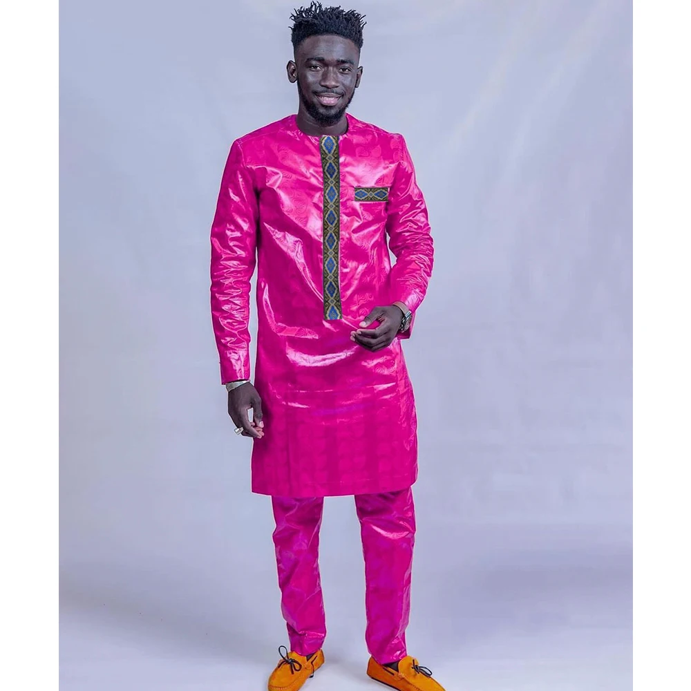 Bazin Riche African Men Clothing Dashik Men Suit Casual 2 Pcs Set Shirt and Pant Fashion Sport Style Original Nigerian Men Outfi